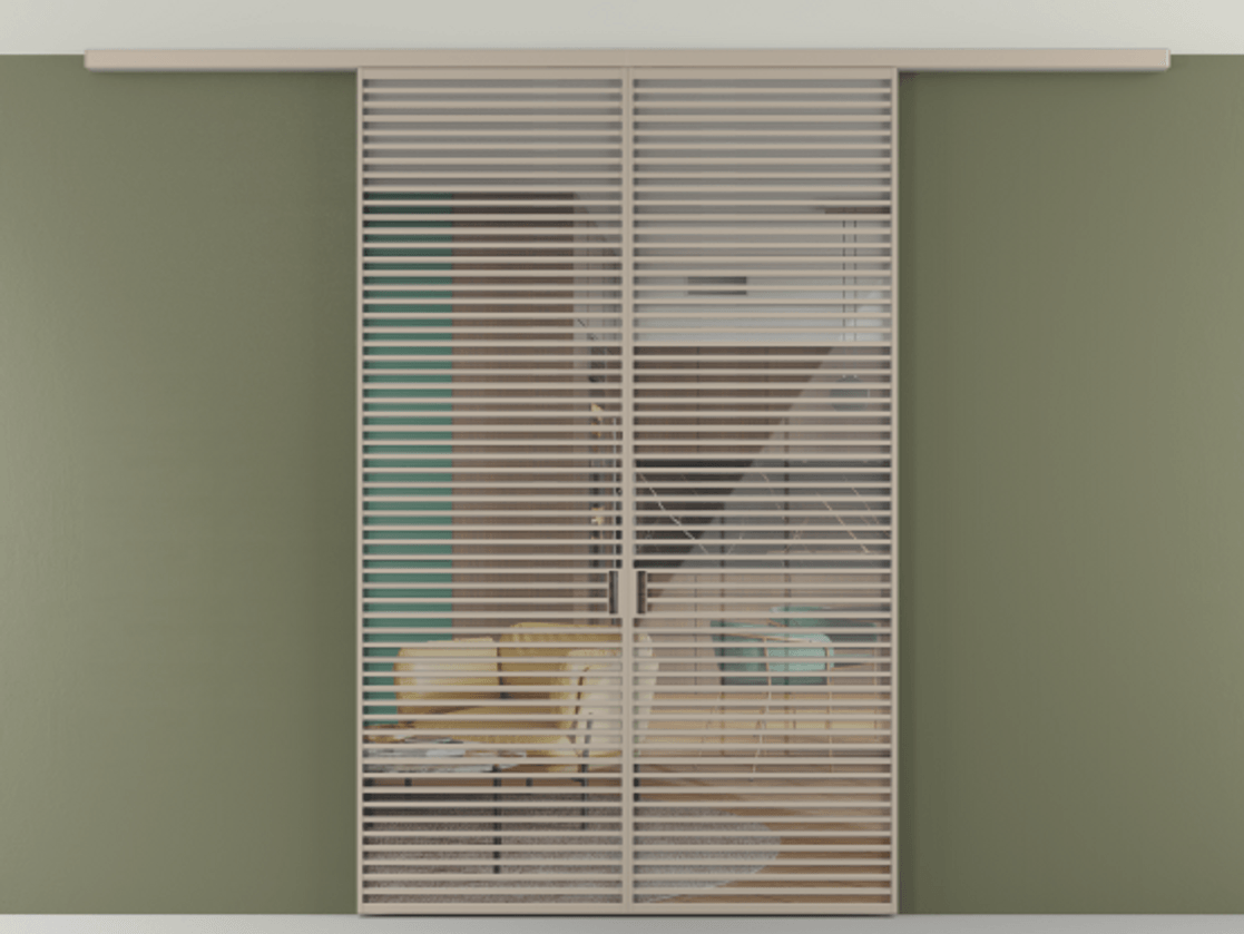 Перегородка Формато вдоль стены на потолок 2 створки АЛПР 040.07 Алюминий бисквитный Рефлективное прозрачное стекло "Стопсол", калёное Цена 380156 ₽ | Volhovec