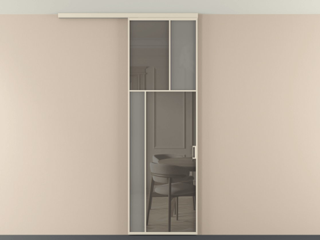 Перегородка Мозаик вдоль стены на потолок 1 створка АЛПР 041.22 Алюминий бежево-серый Сатинированное серое стекло, триплекс, 6 мм + Прозрачное серое стекло, триплекс Цена 135040 ₽ | Volhovec