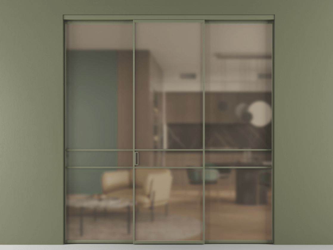Перегородка Formato внутри проёма 3 створки АЛПР 040.02 Алюминий оливковый тёмный Сатинированное бронзовое стекло, триплекс Цена 237275 ₽ | Volhovec