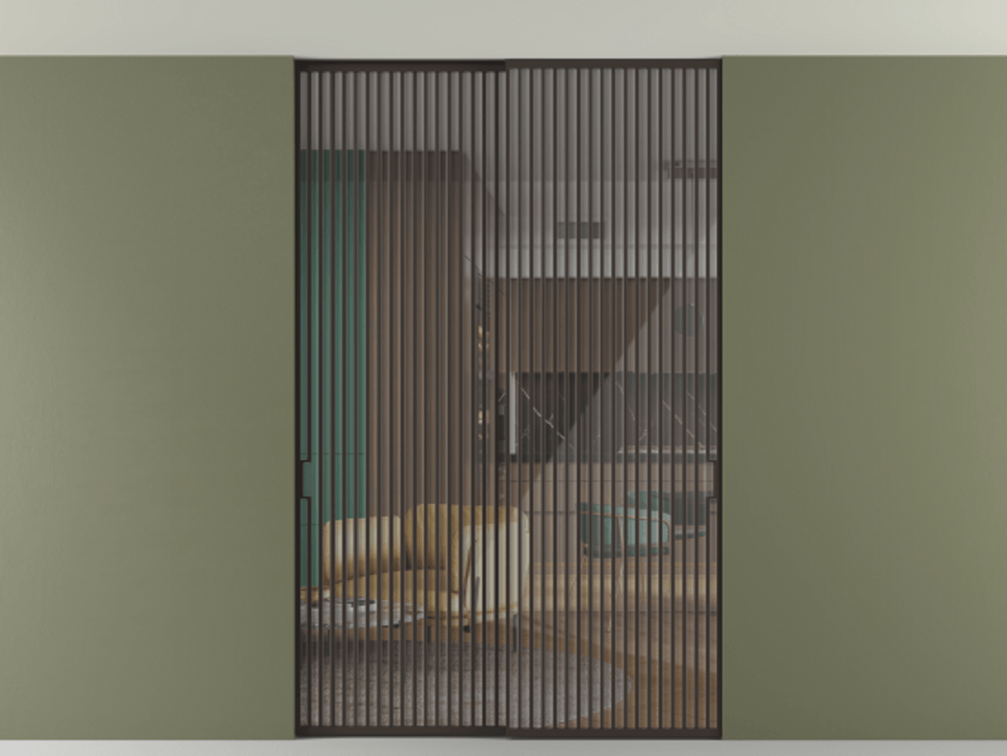 Перегородка Формато внутри проёма скрытое крепление в потолок 2 створки АЛПР 040.06 Алюминий антрацит Рефлективное прозрачное стекло "Стопсол", калёное Цена 521120 ₽ | Volhovec