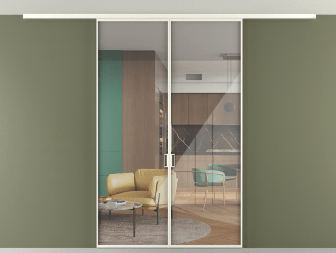 Перегородка Формато вдоль стены на потолок 2 створки АЛПР 040.01 Алюминий жемчужный Рефлективное прозрачное стекло "Стопсол", калёное Цена 198172 ₽ | Volhovec