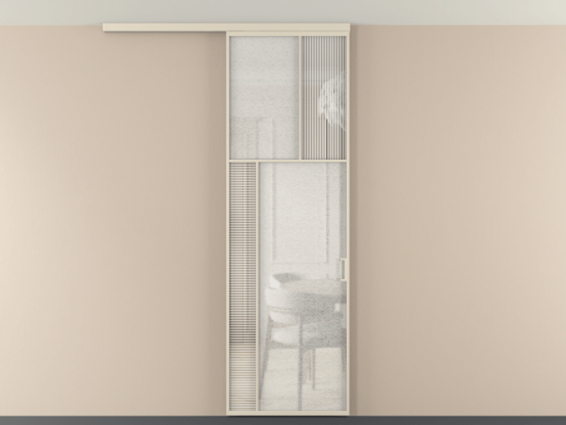 Перегородка Мозаик вдоль стены на потолок 1 створка АЛПР 041.22 Алюминий бежево-серый Рифлёное стекло "Дюна", триплекс, 6 мм + Фактурное стекло "Лёд", триплекс Цена 143040 ₽ | Volhovec