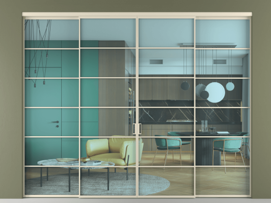 Межкомнатная дверь New Перегородка Formato внутри проёма четырёхстворчатая АЛПР 040.04 Алюминий бежево-серый Прозрачное голубое стекло, триплекс, 6мм Цена 2822100  | Volhovec