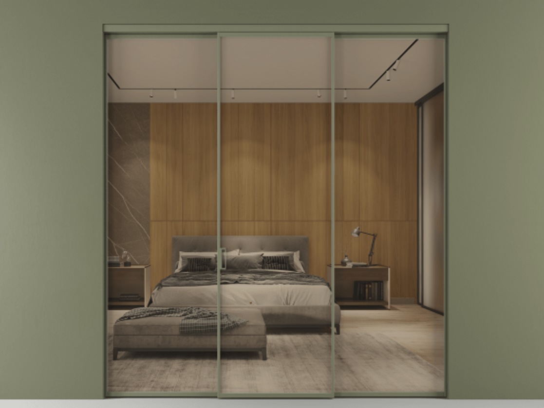 Перегородка Формато внутри проёма 3 створки АЛПР 040.01 Алюминий оливковый тёмный Рефлективное бронзовое стекло "Стопсол", калёное Цена 301400 ₽ | Volhovec