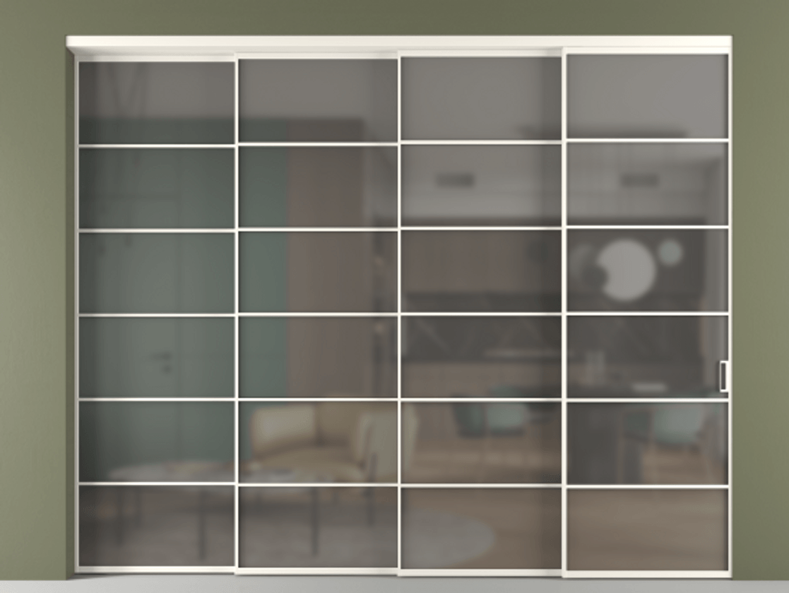 Перегородка Формато внутри проёма 4 створки с синхронным механизмом АЛПР 040.04 Алюминий пудровый белый Сатинированное серое стекло, триплекс. Цена 488680 ₽ 1. Полотно 4 шт. (800/2100 мм)
2. Комплект установки раздвижной системы
3. Базовый комплект фурнитуры
4. Комплект фурнитуры телескопик синхро-3
5. Ручка Рондо. Фабрика дверей Волховец 8 (800) 551 43 19 Перегородка Формато внутри проёма 4 створки с синхронным механизмом АЛПР 040.04 Алюминий пудровый белый Сатинированное серое стекло, триплекс Цена 488680 ₽ | Volhovec