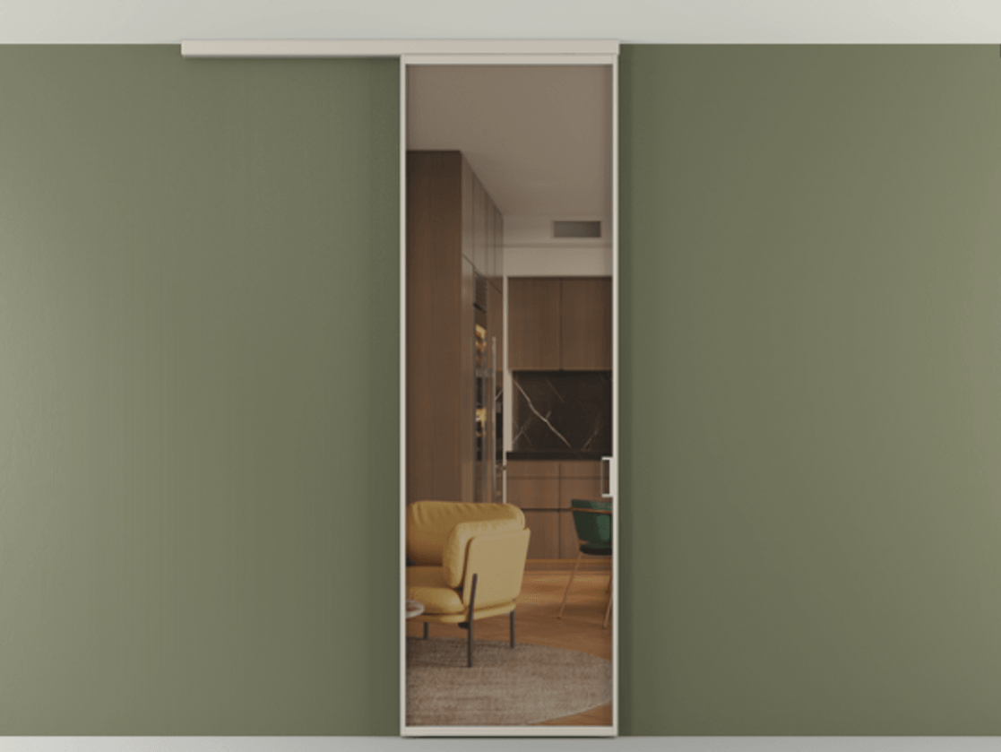 Перегородка Formato вдоль стены на потолок 1 створка АЛПР 040.01 Алюминий светло-бежевый Прозрачное бронзовое стекло, триплекс Цена 92403 ₽ | Volhovec