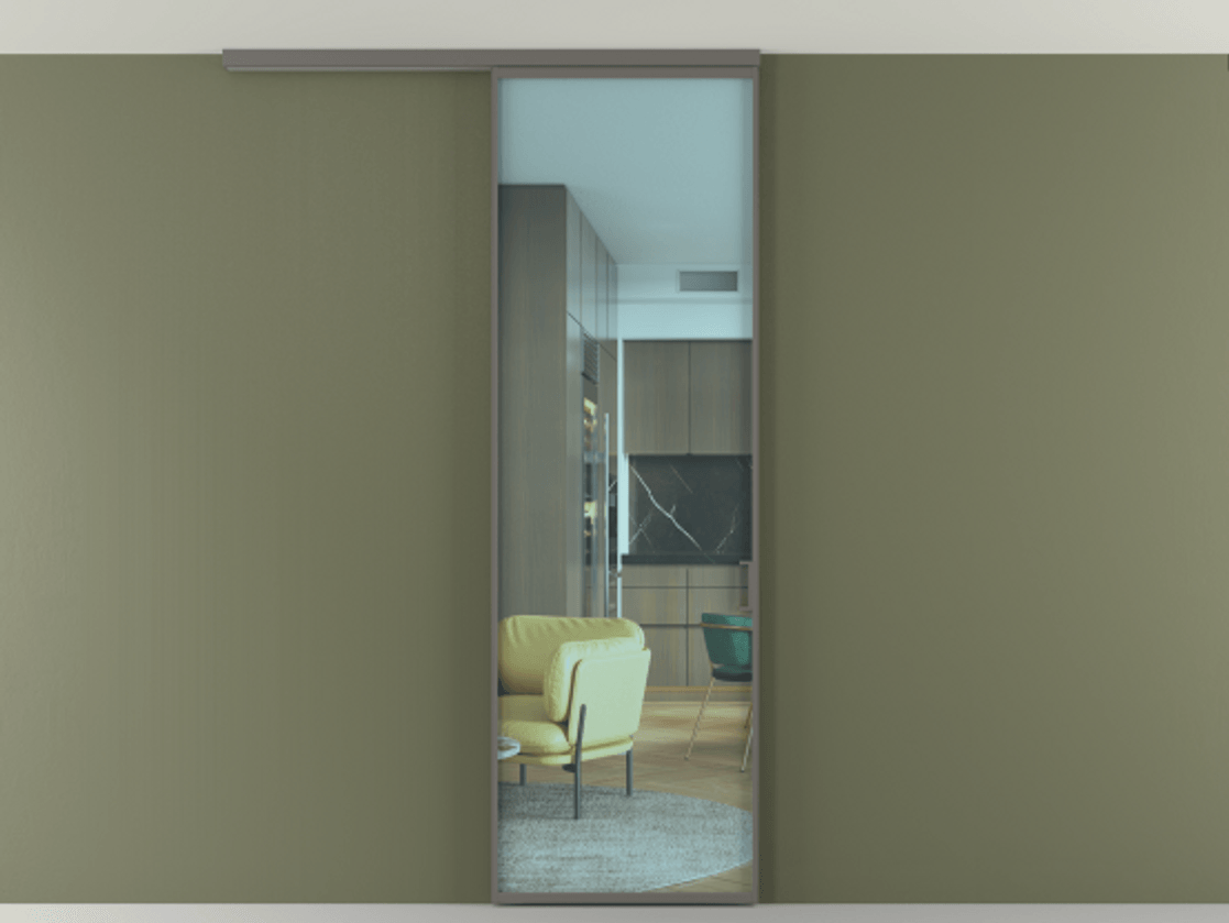 Перегородка Формато вдоль стены на потолок 1 створка АЛПР 040.01 Алюминий классический серый Прозрачное голубое стекло, триплекс Цена 92403 ₽ | Volhovec