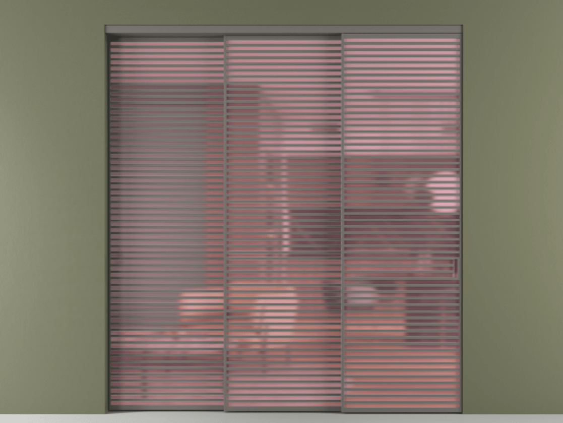 Перегородка Formato внутри проёма 3 створки с синхронным механизмом АЛПР 040.07 Алюминий классический серый Сатинированное розовое стекло, триплекс Цена 579740 ₽  | Volhovec