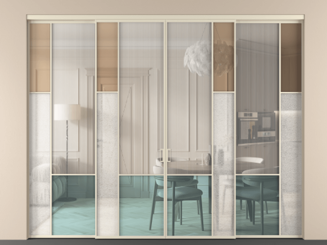 Перегородка Mosaic внутри проёма четырёхстворчатая АЛПР 041.12 Алюминий бежево-серый Комбинация стекол Группы 1 и Группы 3 Цена 484920 ₽ | Volhovec