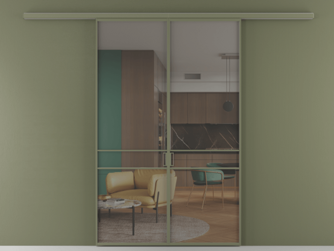 Перегородка Формато вдоль стены 2 створки АЛПР 040.02 Алюминий оливковый тёмный Прозрачное серое стекло, триплекс Цена 195450 ₽ | Volhovec