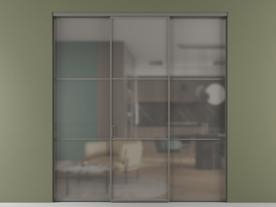 Перегородка Formato внутри проёма 3 створки АЛПР 040.03 Алюминий классический серый Сатинированное серое стекло, триплекс Цена 237275 ₽ | Volhovec