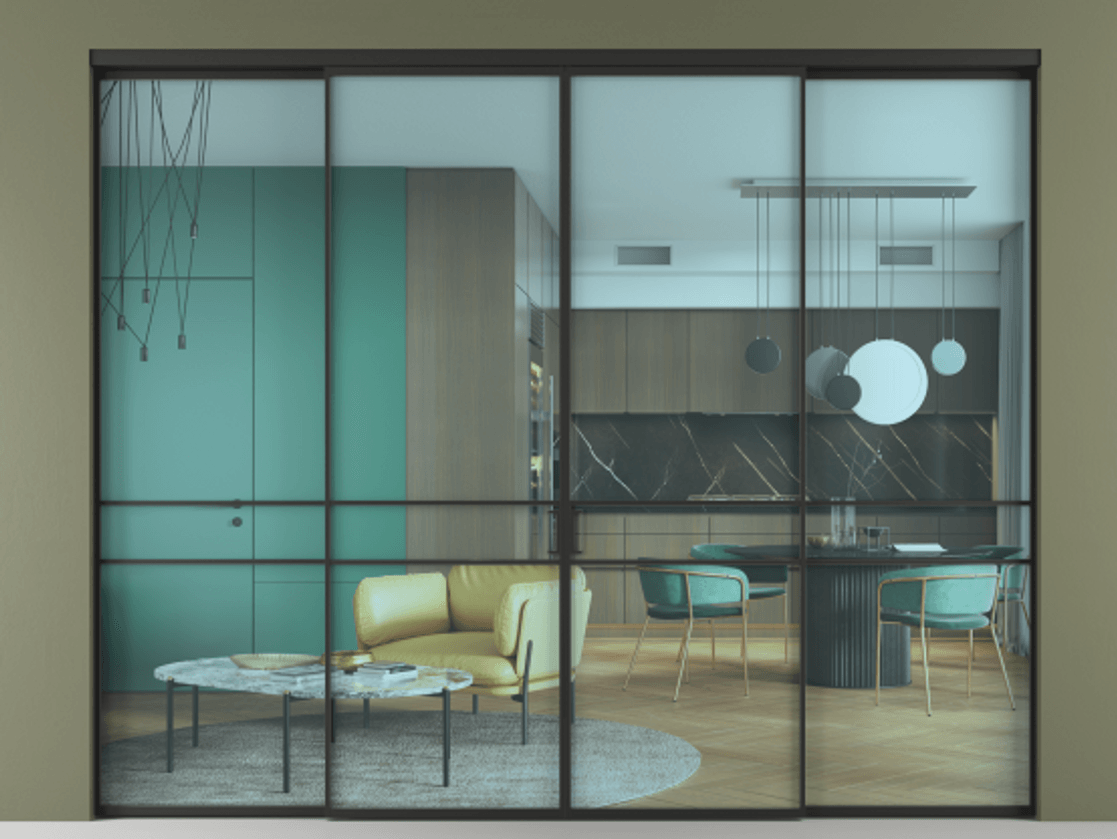 Перегородка Formato внутри проёма 4 створки АЛПР 040.02 Алюминий Черный Прозрачное голубое стекло, триплекс Цена 324000 ₽  | Volhovec