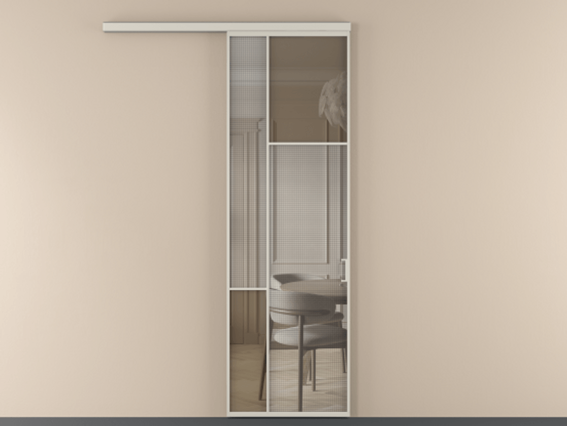 Перегородка Mosaic вдоль стены 1 створка АЛПР 041.11  Алюминий облачно-серый Декоративное стекло с сеткой "Mesh silver", триплекс, 6 мм + Прозрачное бронзовое стекло, триплекс Цена 143030 ₽ | Volhovec