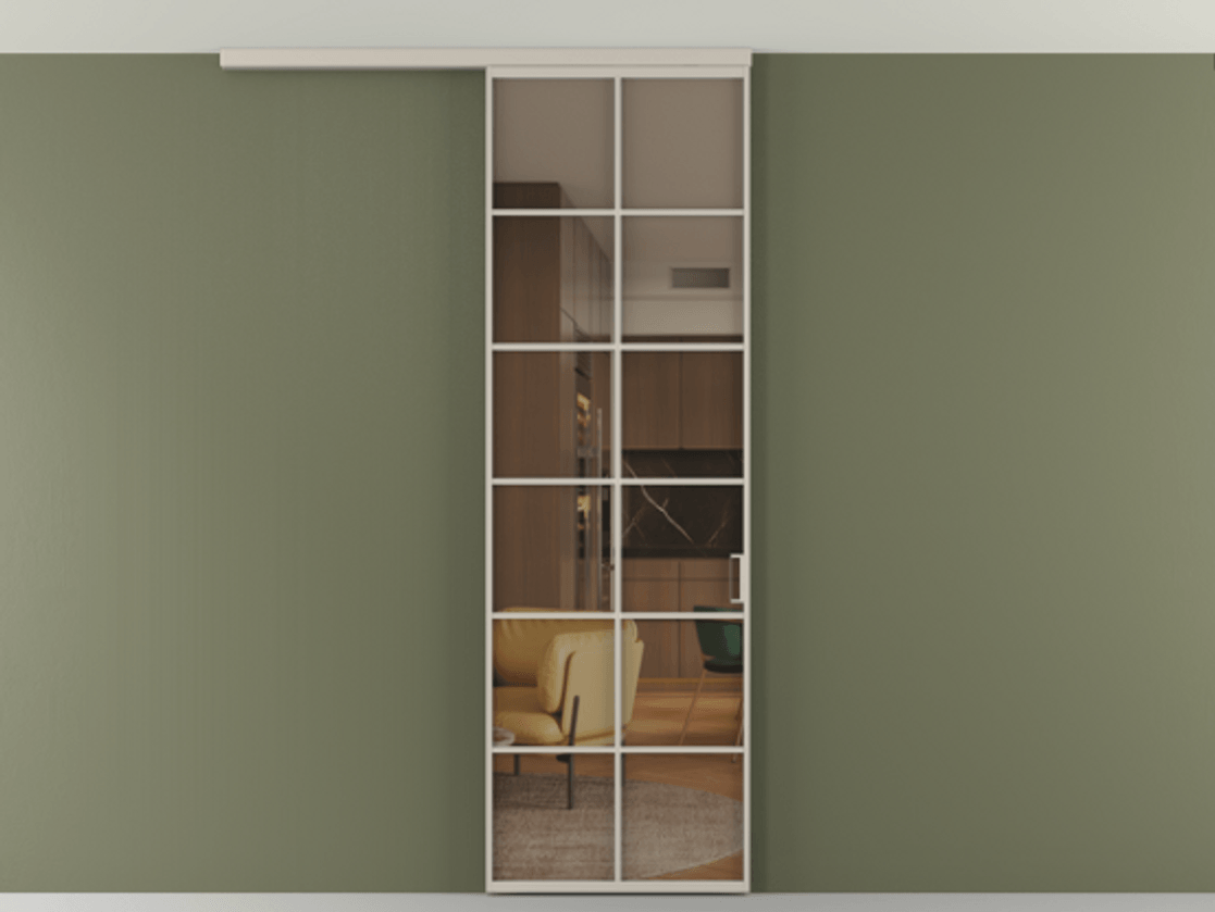 Перегородка Формато вдоль стены на потолок 1 створка АЛПР 040.05 Алюминий светло-бежевый Прозрачное бронзовое стекло, триплекс Цена 107852 ₽ | Volhovec