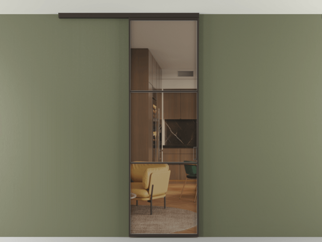 Перегородка Формато вдоль стены на потолок 1 створка АЛПР 040.03 Алюминий антрацит Прозрачное бронзовое стекло, триплекс Цена 100988 ₽ | Volhovec