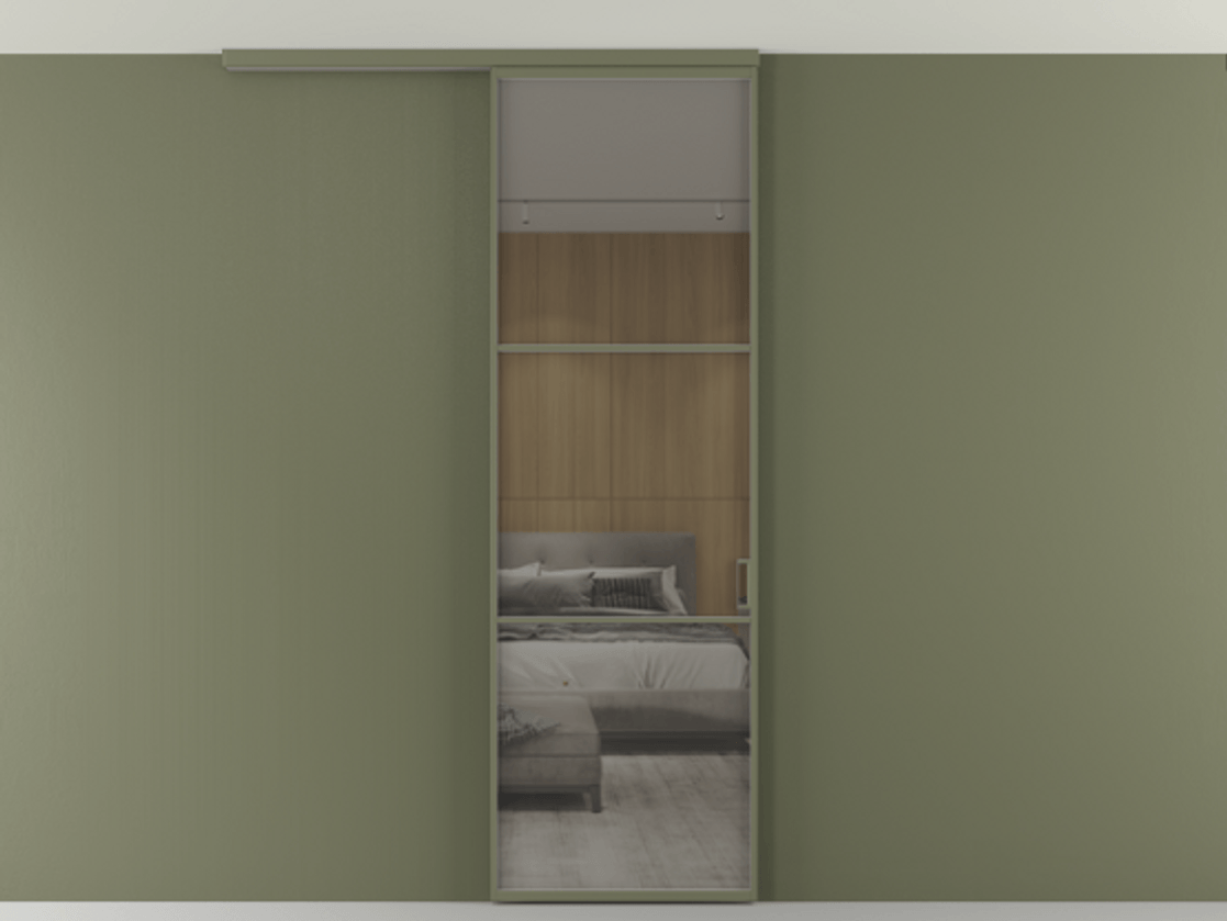 Перегородка Формато вдоль стены на потолок 1 створка АЛПР 040.03 Алюминий оливковый тёмный Рефлективное серое стекло "Стопсол", калёное Цена 107388 ₽ | Volhovec