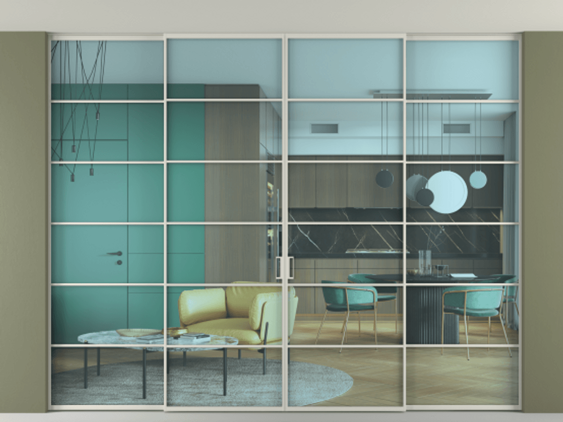 Перегородка Formato внутри проёма скрытое крепление в потолок 4 створки АЛПР 040.04 Алюминий тёплый серый Прозрачное голубое стекло, триплекс Цена 557460 ₽ | Volhovec