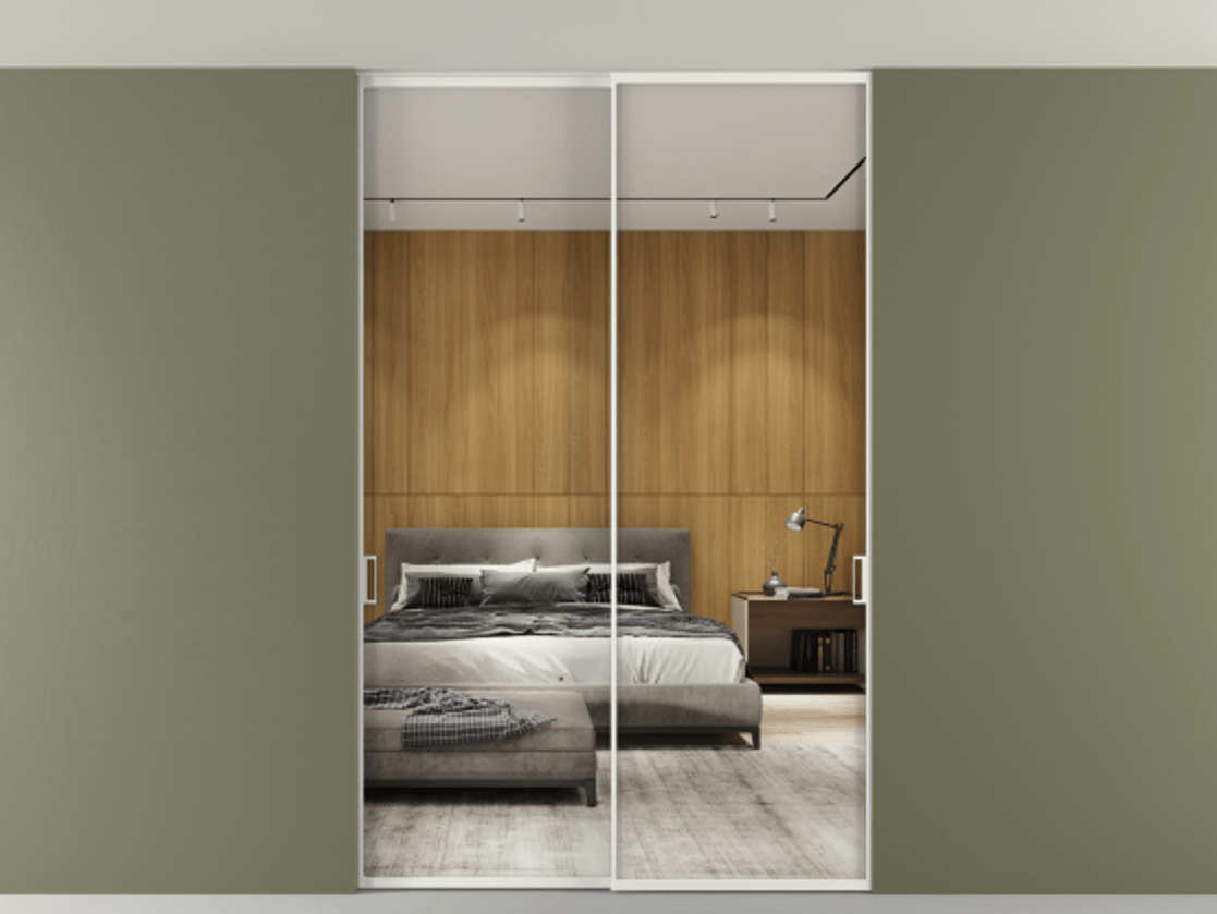 Перегородка Формато внутри проёма скрытое крепление в потолок 2 створки АЛПР 040.01 Алюминий светло-серый Двустороннее зеркало, триплекс , триплекс 6 мм Цена 239305 ₽ | Volhovec