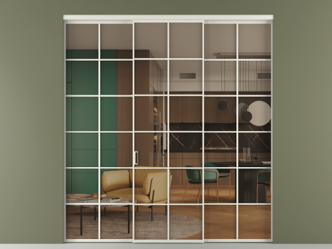 Перегородка Формато внутри проёма 3 створки АЛПР 040.05 Алюминий Белый Прозрачное бронзовое стекло, триплекс Цена 244625 ₽ | Volhovec