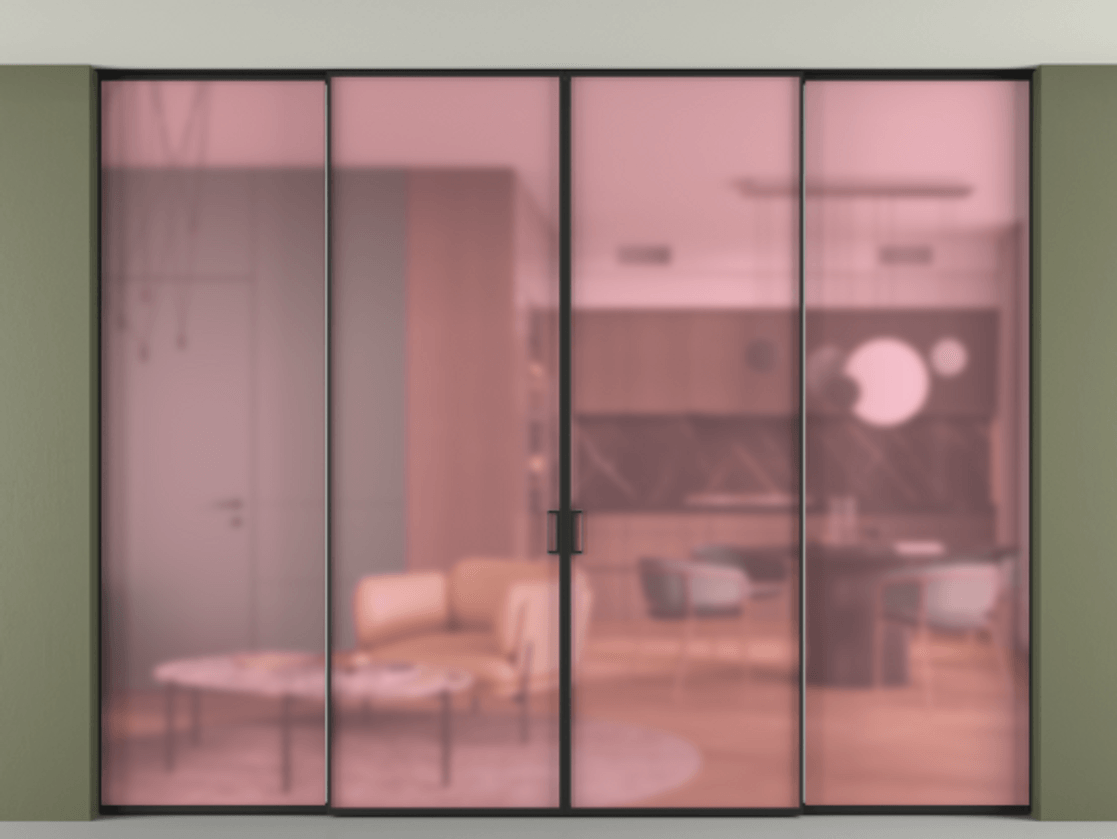 Перегородка Formato внутри проёма скрытое крепление в потолок 4 створки АЛПР 040.01 Алюминий Черный Сатинированное розовое стекло, триплекс Цена 468680 ₽ | Volhovec