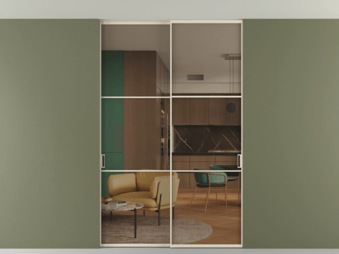 Перегородка Формато внутри проёма скрытое крепление в потолок 2 створки АЛПР 040.03 Алюминий бежево-серый Прозрачное бронзовое стекло, триплекс Цена 248215 ₽ | Volhovec