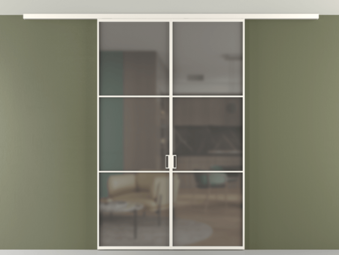 Перегородка Формато вдоль стены на потолок 2 створки АЛПР 040.03 Алюминий пудровый белый Сатинированное серое стекло, триплекс Цена 227920 ₽ | Volhovec