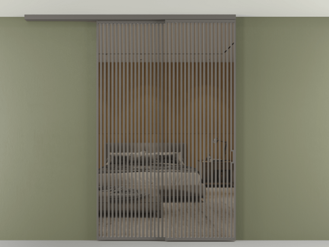 Перегородка Формато вдоль стены на потолок 2 створки с синхронным механизмом АЛПР 040.06 Алюминий классический серый Рефлективное бронзовое стекло "Стопсол", калёное Цена 463256 ₽ | Volhovec