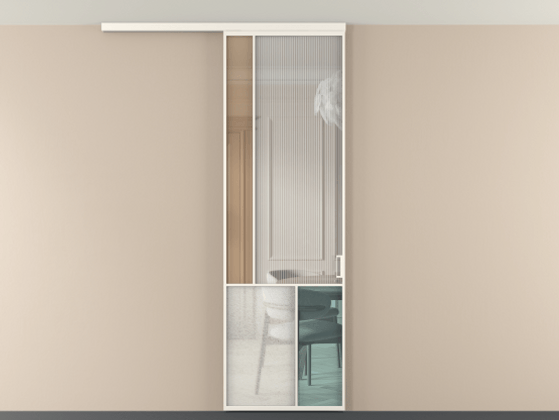 Перегородка Мозаик вдоль стены на потолок 1 створка АЛПР 041.20 Алюминий пудровый белый Комбинация стекол Группы 1 и Группы 3 Цена 141040 ₽ | Volhovec