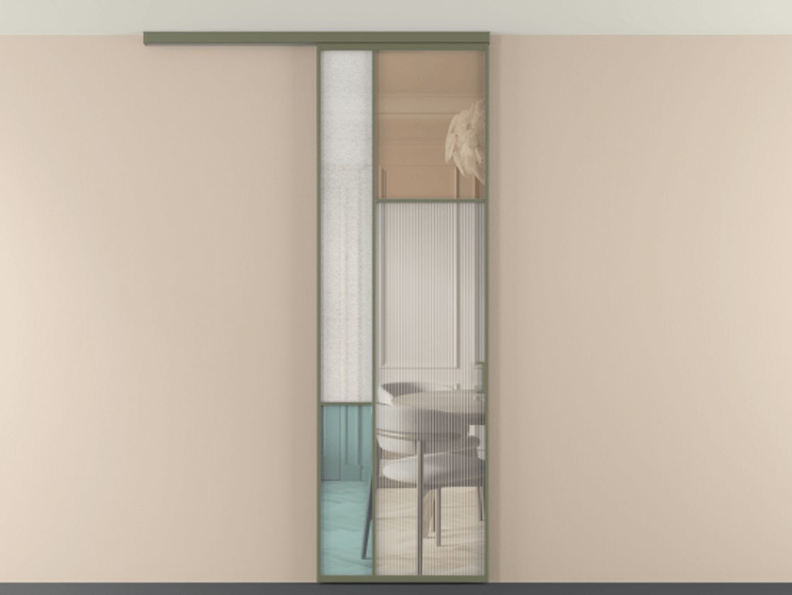 Перегородка Мозаик вдоль стены на потолок 1 створка АЛПР 041.11 Алюминий оливковый тёмный Комбинация стекол Группы 1 и Группы 3 Цена 141040 ₽ | Volhovec