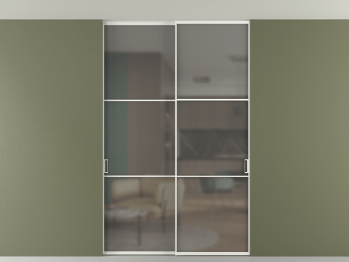 Перегородка Формато внутри проёма скрытое крепление в потолок 2 створки АЛПР 040.03 Алюминий светло-серый Сатинированное серое стекло, триплекс Цена 248215 ₽ | Volhovec