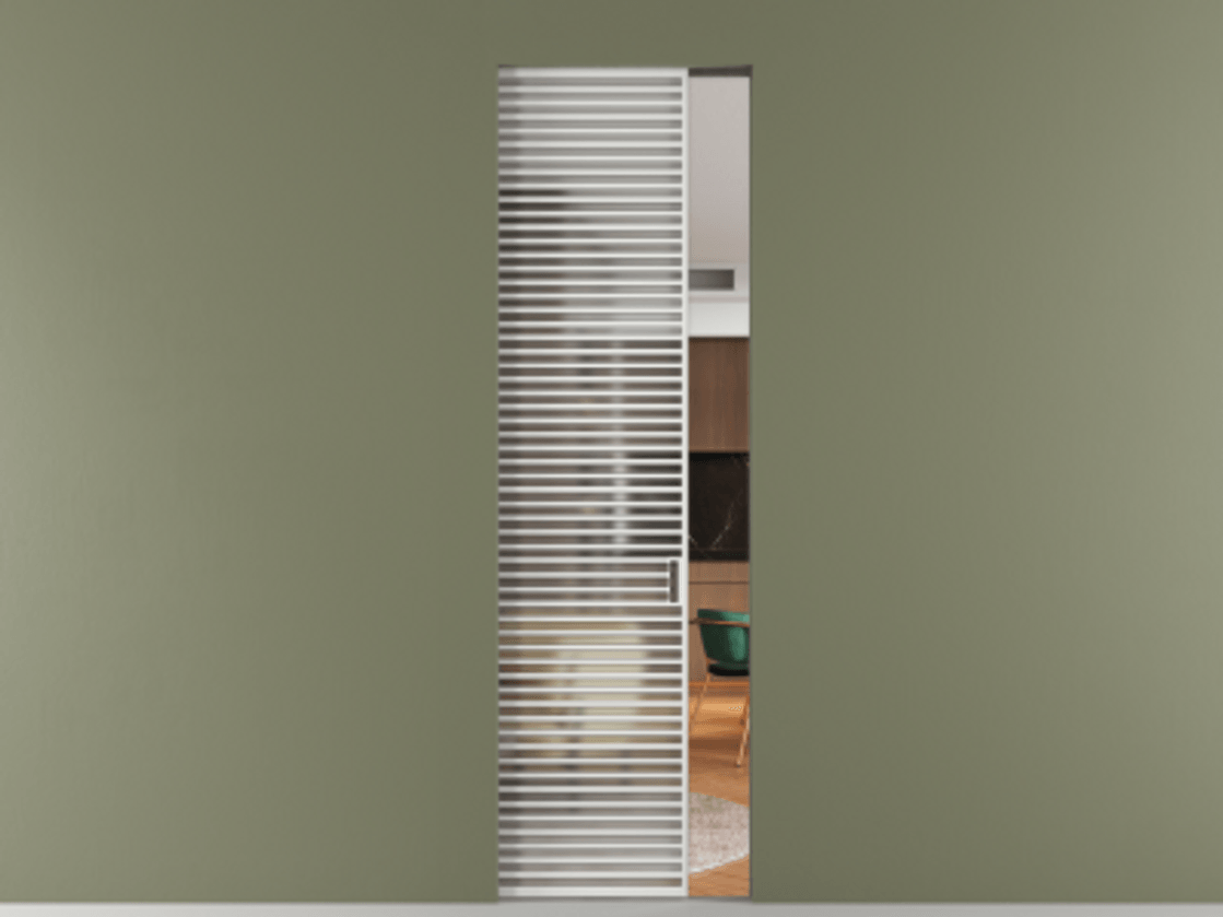 Перегородка Формато скрытый пенал 1 створка АЛПР 040.07 Алюминий белоснежный Сатинированное стекло "Мателюкс Кристал Вижн", калёное, матовое, каленое 6 мм Цена 240180 ₽ | Volhovec