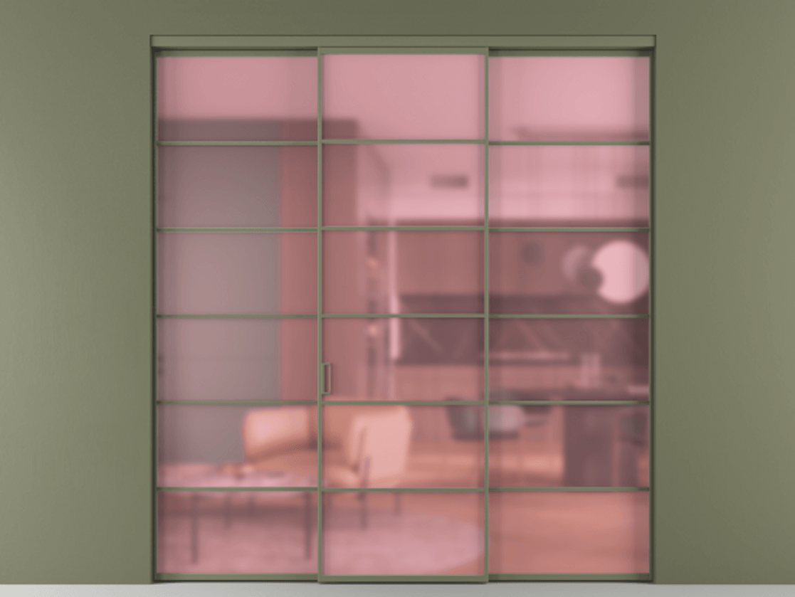 Перегородка Formato внутри проёма 3 створки АЛПР 040.04 Алюминий оливковый тёмный Сатинированное розовое стекло, триплекс Цена 267260 ₽ | Volhovec