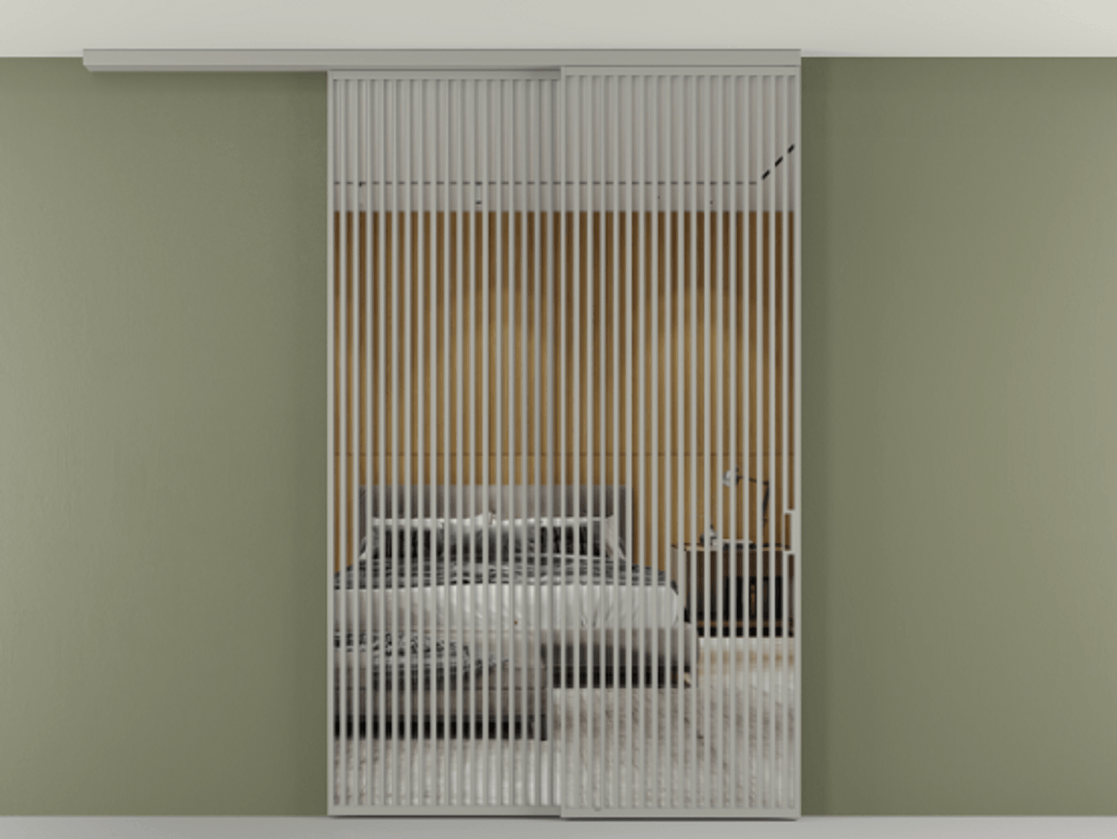 Перегородка Формато вдоль стены на потолок 2 створки с синхронным механизмом АЛПР 040.06 Алюминий нейтральный серый Двустороннее зеркало, триплекс , триплекс 6 мм Цена 450456 ₽ | Volhovec