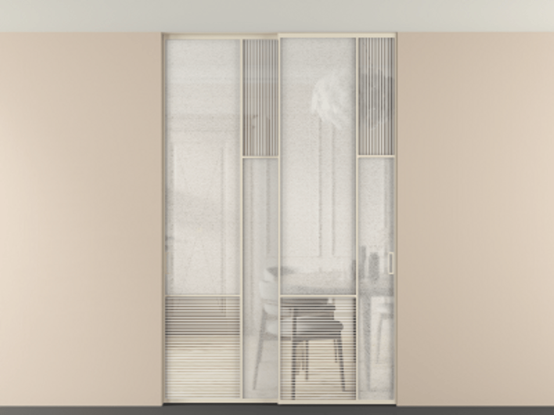 Перегородка Мозаик внутри проёма скрытое крепление в потолок 2 створки АЛПР 041.12 Алюминий бежево-серый Рифлёное стекло "Дюна", триплекс, 6 мм + Фактурное стекло "Лёд", триплекс Цена 340580 ₽ | Volhovec