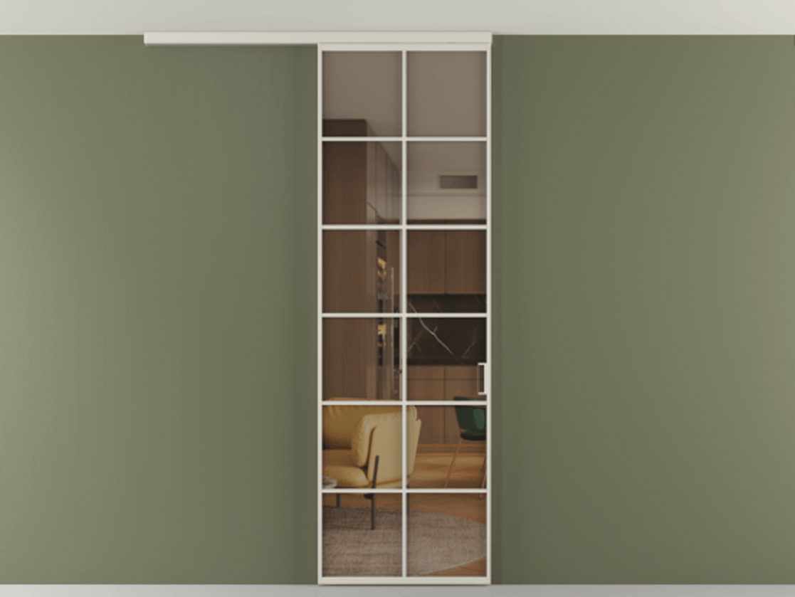 Перегородка Формато вдоль стены на потолок 1 створка АЛПР 040.05 Алюминий облачно-серый Прозрачное бронзовое стекло, триплекс Цена 107852 ₽ | Volhovec