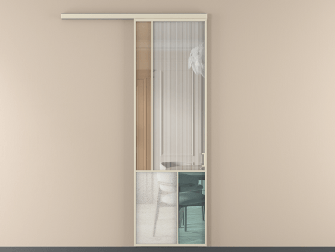 Перегородка Mosaic вдоль стены одностворчатая АЛПР 041.20 Алюминий бежево-серый Комбинация стекол Группы 1 и Группы 3 Цена 143030 ₽ | Volhovec