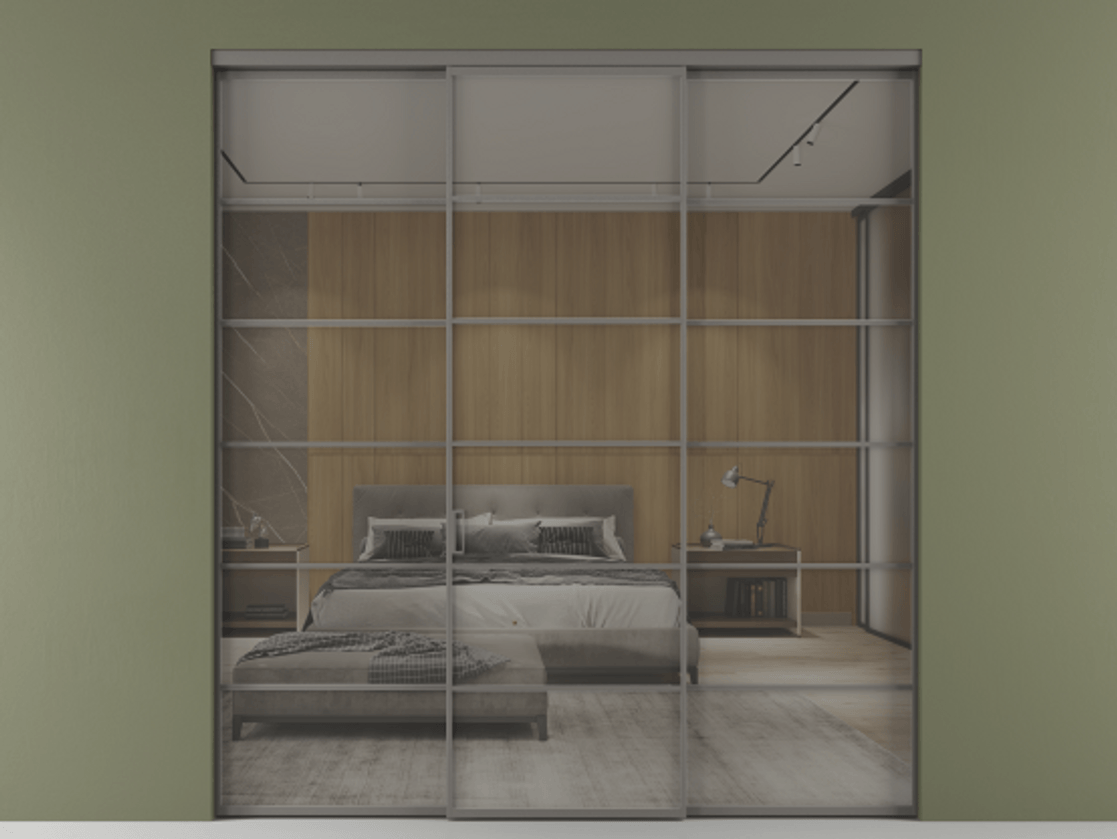 Перегородка Formato внутри проёма 3 створки АЛПР 040.04 Алюминий классический серый Рефлективное серое стекло "Стопсол", калёное Цена 341000 ₽ | Volhovec