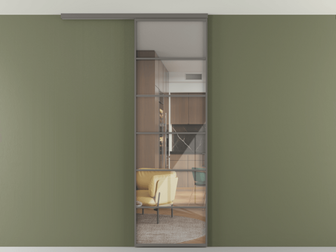 Перегородка Формато вдоль стены на потолок 1 створка АЛПР 040.04 Алюминий классический серый Рефлективное прозрачное стекло "Стопсол", калёное Цена 114252 ₽ | Volhovec