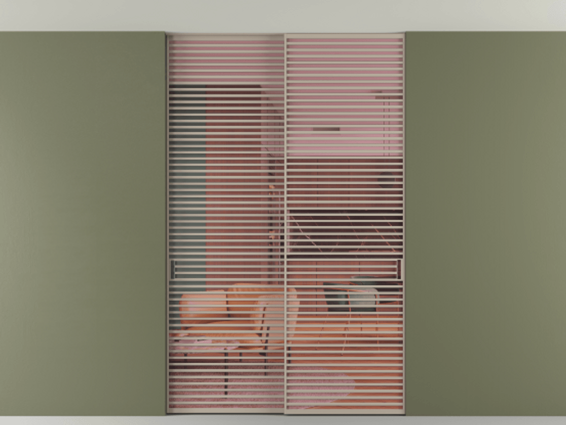 Перегородка Formato внутри проёма скрытое крепление в потолок 2 створки АЛПР 040.07 Алюминий бисквитный Прозрачное розовое стекло, триплекс Цена 409915 ₽ | Volhovec