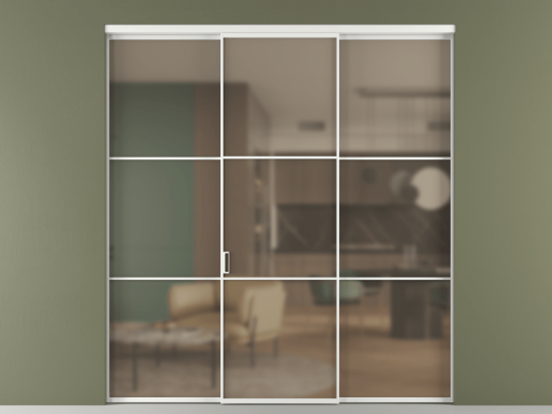 Перегородка Формато внутри проёма 3 створки АЛПР 040.03 Алюминий белоснежный Сатинированное бронзовое стекло, триплекс Цена 237275 ₽ | Volhovec