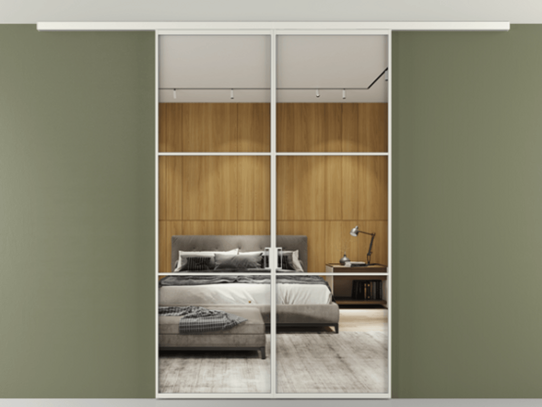 Перегородка Формато вдоль стены на потолок 2 створки АЛПР 040.03 Алюминий серый Двустороннее зеркало, триплекс , триплекс 6 мм Цена 227920 ₽ | Volhovec