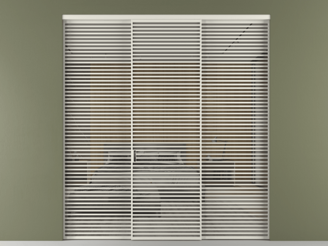 Перегородка Формато внутри проёма 3 створки АЛПР 040.07 Алюминий Белый Рефлективное серое стекло "Стопсол", калёное Цена 585500 ₽ | Volhovec