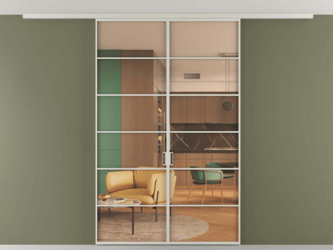 Перегородка Формато вдоль стены на потолок 2 створки АЛПР 040.04 Алюминий тёплый серый Прозрачное оранжевое стекло, триплекс Цена 199485 ₽ | Volhovec