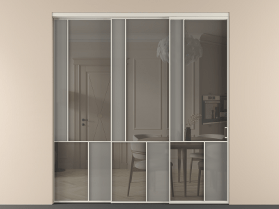 Перегородка Мозаик внутри проёма 3 створки с синхронным механизмом АЛПР 041.20  Алюминий облачно-серый Сатинированное серое стекло, триплекс, 6 мм + Прозрачное серое стекло, триплекс Цена 437390 ₽ | Volhovec