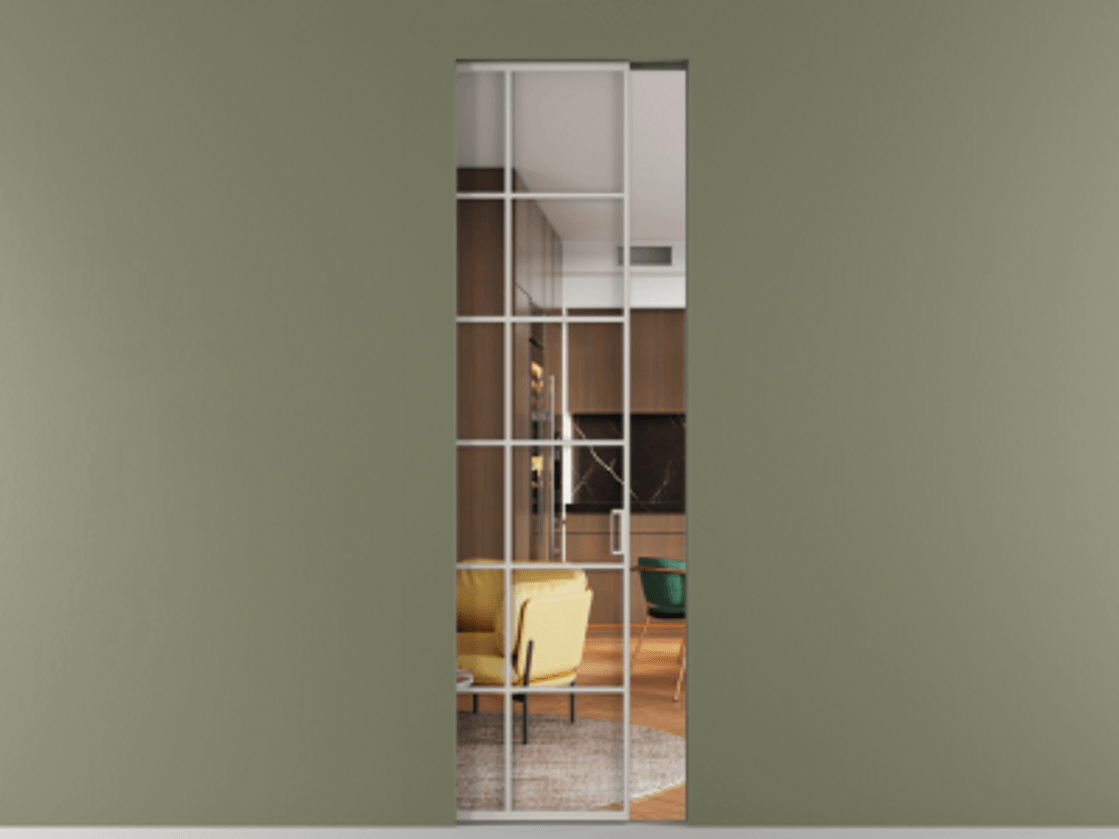 Перегородка Formato скрытый пенал 1 створка АЛПР 040.05 Алюминий тёплый серый Прозрачное стекло "Crystal Vision", калёное Цена 186200 ₽ | Volhovec