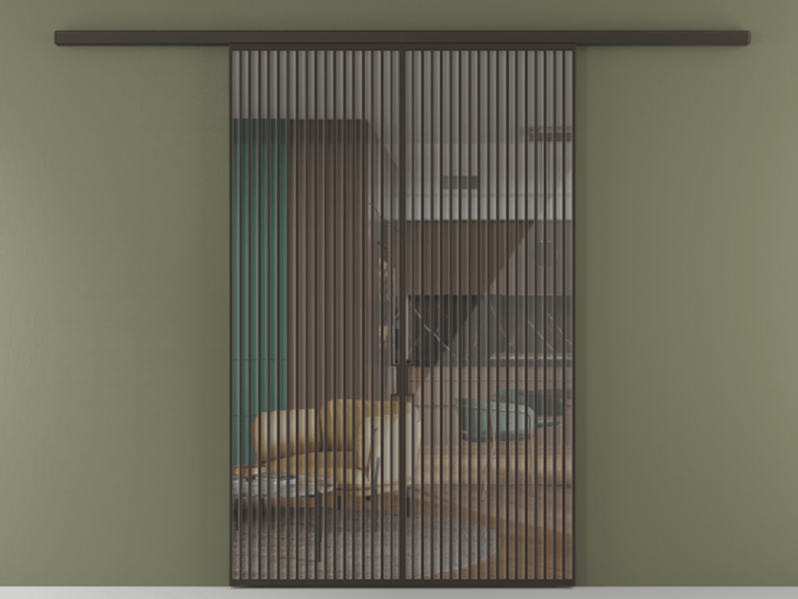 Перегородка Формато вдоль стены 2 створки АЛПР 040.06 Алюминий антрацит Рефлективное прозрачное стекло "Стопсол", калёное Цена 445000 ₽ | Volhovec