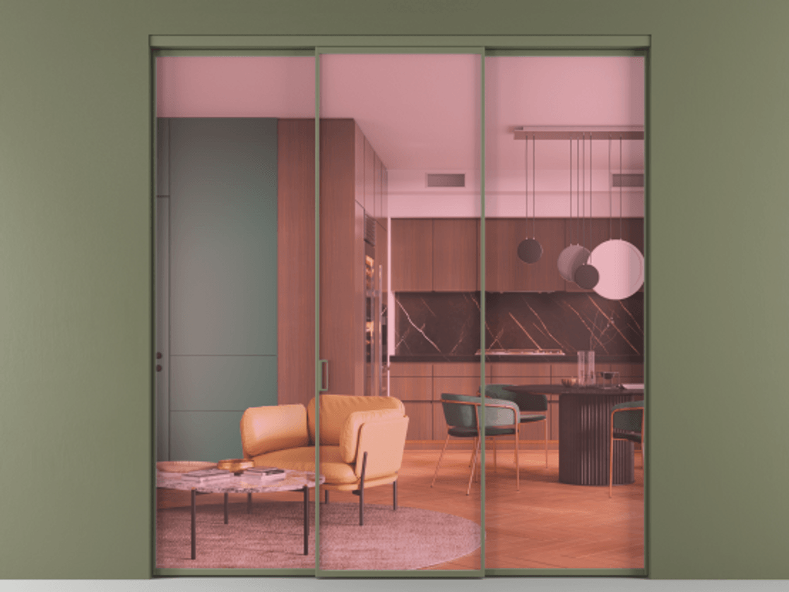 Перегородка Формато внутри проёма 3 створки АЛПР 040.01 Алюминий оливковый тёмный Прозрачное розовое стекло, триплекс Цена 327780 сом | Volhovec