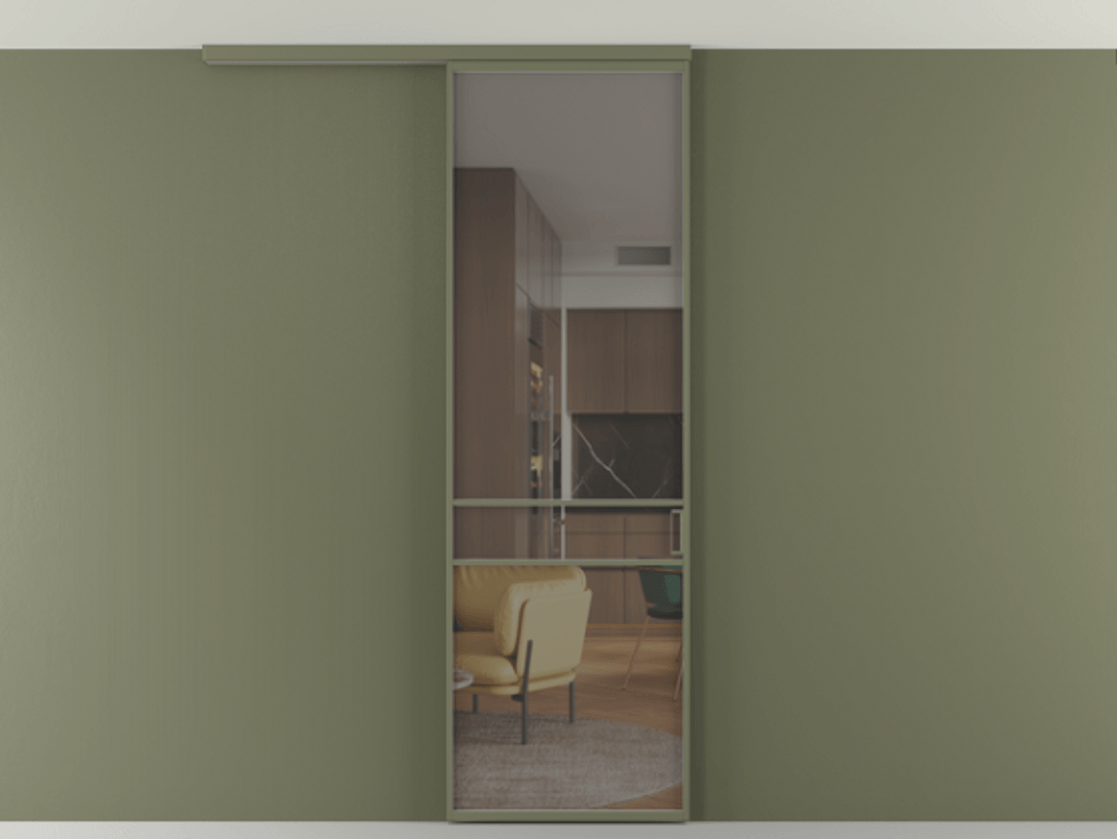 Перегородка Формато вдоль стены на потолок 1 створка АЛПР 040.02 Алюминий оливковый тёмный Прозрачное серое стекло, триплекс Цена 96858 ₽ | Volhovec