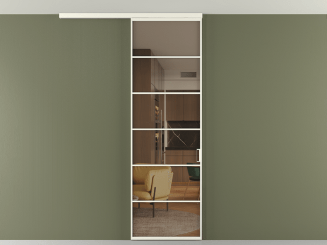 Перегородка Формато вдоль стены на потолок 1 створка АЛПР 040.04 Алюминий жемчужный Прозрачное бронзовое стекло, триплекс Цена 107852 ₽ | Volhovec