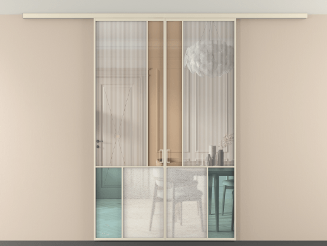 Перегородка Mosaic вдоль стены на потолок двустворчатая АЛПР 041.20 Алюминий бежево-серый Комбинация стекол Группы 1 и Группы 3 Цена 274980 ₽ | Volhovec